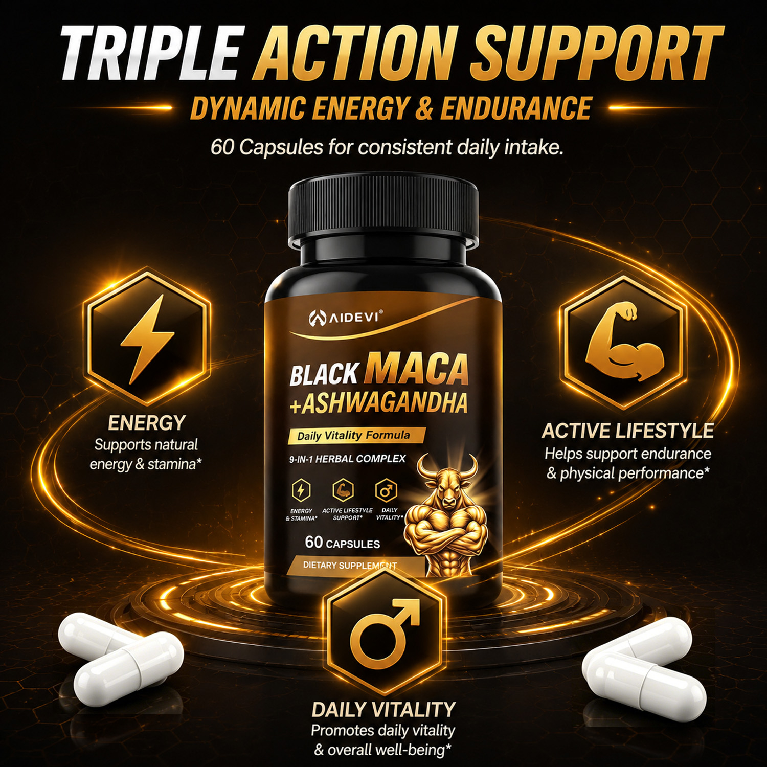AIDEVI Black Maca + Ashwagandha | Male Energy & Vitality Support